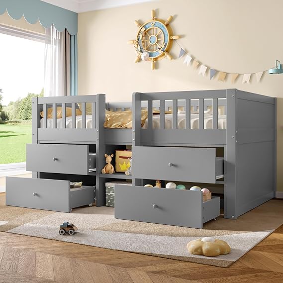 90x190cm Solid Wood Single Bed Frame with Storage Drawers, Low Loft Bed with Underbed Storage Compartment  Length Security Guardrail, No Mattress, Saving-space Design for Bedroom, Grey