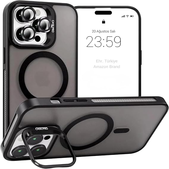 Ehr. iPhone 13 Pro Max ile Uyumlu Magsafe Wireless Şarj Özellikli Kamera Standlı Lüks Mat Silikon Kılıf [Lens Koruyucu Hediyeli] (Siyah, iPhone 13 Pro Max)