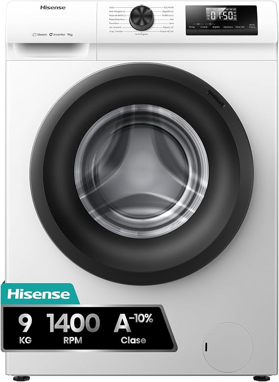 Hisense WF1Q9041BW - Lavadora, Class A, 9Kg, 1400 rpm, Alto 84.5cm x Ancho 59.5cm, Color Blanco, Función Vapor 99,9%, Lavado Rápido+, Lavado Automático, Finalización Diferida, Tecnología Inverter [Clase de eficiencia energética A]