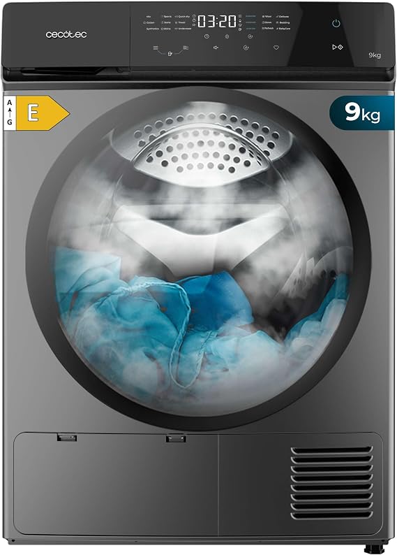 Cecotec Clothes Dryer 9 kg Heat Pump Bolero DressCode Dry 8400 Steel. Equivalent Class A++, Touch Control, 15 Programs, Automatic Drying, Easy Ironing, Two-way Spin Drum, Steel [Energy Class E]