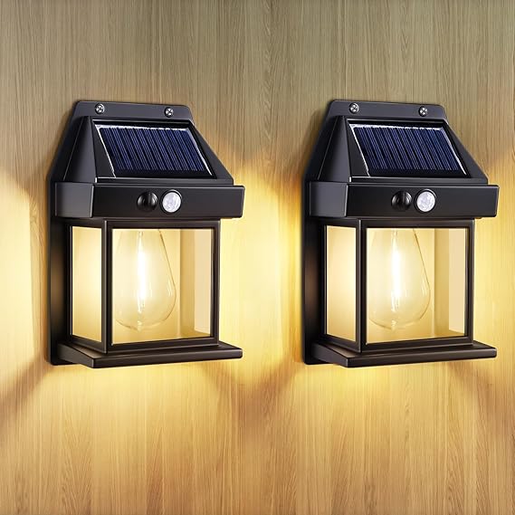 2 Pack Solar Wall Lights Outdoor, Garden Wall Lights Solar Powered Waterproof, with Motion Sensor, Ip65 Solar Security Lights, for Gardens、Fence、Porch、Garage、Patio、Yard, Warm White