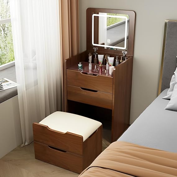 3 in 1 Dressing Table Dressing Table with Flip-top Mirror and LED Lights Dressing table with hidden ottoman Bedside storage cabinet Integrated Makeup Table for Small Spaces walnut Withlight18.9in