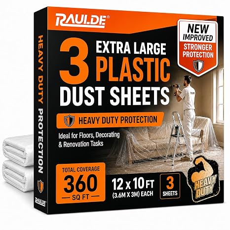 RAULDE Plastic Dust Sheets for Decorating Heavy Duty 12x10FT – 3 Pack Clear Plastic Sheeting – Waterproof Floor Protection Sheet for Painting, Furniture Cover & DIY – Polythene Sheets