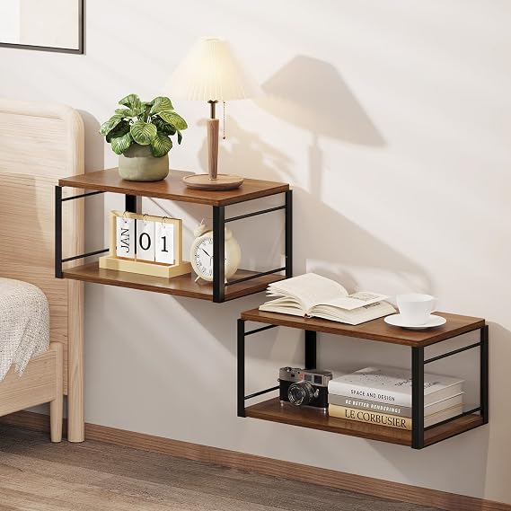 THYGIFTREE Floating Nightstand Set of 2, Wall Mounted Bedside Table Nightstand, Walnut Floating Bedside Table Wall Shelf for Bedroom, Living Room, Bathroom, Kitchen, Office, Home Decor