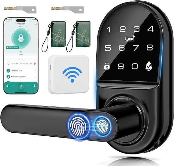 Smart Door Lock with【Gateway】, 7 in 1 Fingerprint Door Lock Remote App Control, Password, IC Card, Keys, NFC, Built-in doorbell for Front Door Bedroom Hotel Office Apartment and More