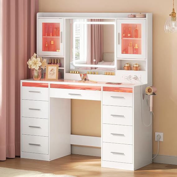 WOLTU Dressing Table with LED Mirror, Tempered Glass Countertop, RGB Lights