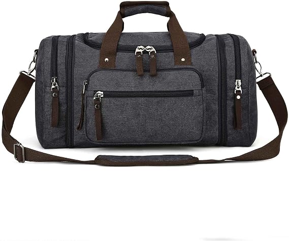 Canvas Duffle Bag for Men Women Travel, Expandable 50L Duffel Overnight Weekend Carry on Bag Coffee Black, Black