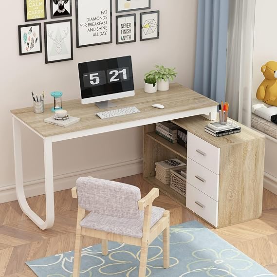Modern L-Shaped Computer Desk, Reversible Corner Desk with Adjustable Cabinet, Large Writing Desk with Wooden Desktop & Metal Leg for Home Office, Oak Wood & White, 60 D × 138 W × 75 H cm