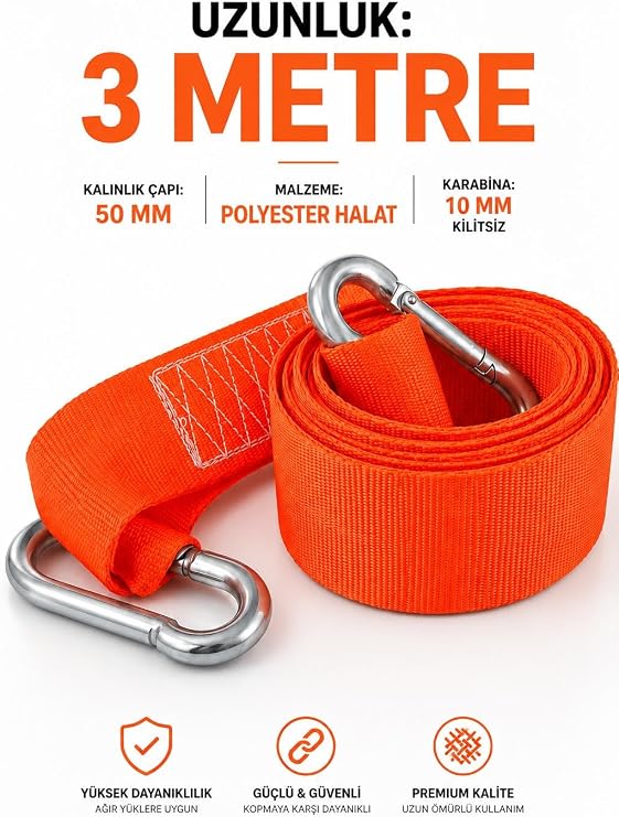 Çift Karabinalı (1 Adet) Turuncu 3 Metre Dayanıklı Çekme Halatı 5 CM Genişlikte Turuncu Çeki Halatı