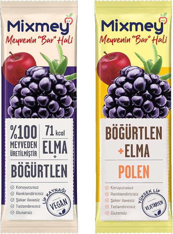 Mixmey Böğürtlen Şöleni Meyve Barı – 12 Adet | Sağlıklı Atıştırmalıklar – Glutensiz, Koruyucusuz, Polen İçerir, Vegan,%100 Meyve