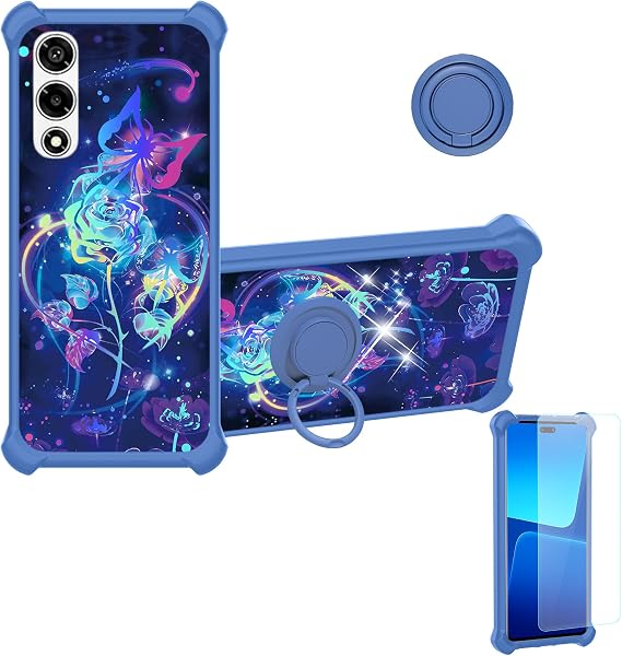 Kinetijy Case Compatible for Lava Play Max Phone Case Cover [with 1* Tempered Glass Screen Protector][Hard PC + Soft Silicone][Ring Support] [Colorful Reflect Light] IMDL-LMG