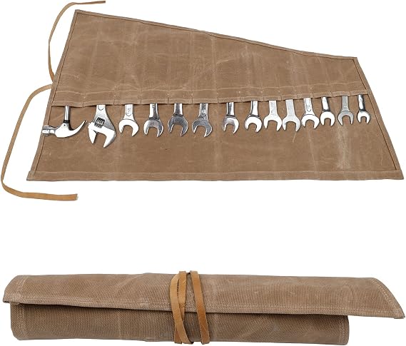 Tool Roll Bag, Waxed Canvas Spanner Chisel Roll, Heavy Duty Small Tool Bags with 14 Pockets, Multi-purpose Tool Wrap Wallet Organiser, Plumbing Hand DIY Tools Gifts for Men Dad, Brown