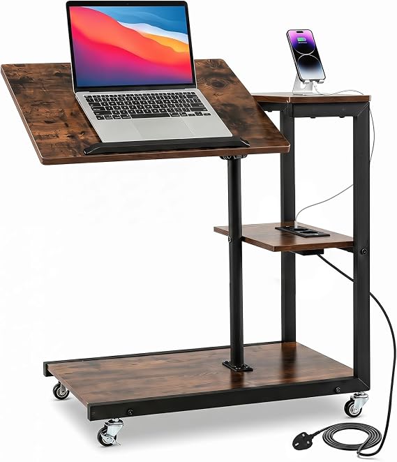 COSTWAY Height Adjustable C-Shaped Side Table with Charging Station, Wheels
