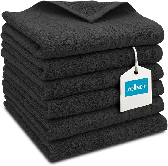ZOLLNER Set of 6 Guest Towels 40 x 60 cm – Highly Absorbent in Black, with Practical Hanger, Elegant Deep Stripes, Washable up to 95 °C, Cotton