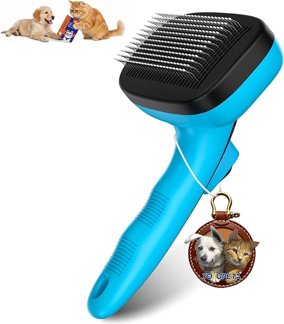 Dog Self Cleaning Slicker Brush for Shedding, Ideal for Short Long Haired Dogs, Including Cat. Removes Loose Fur, Undercoat, Mats, Tangled Hair. Suit for Small Medium Large Animal, Blue