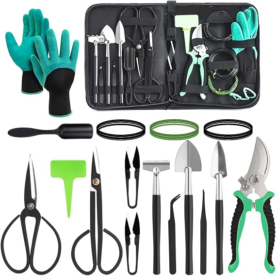 DEWINNER Bonsai Tool Set, Bonsai Tool Set, 24 Piece Garden Hand Tools Set Includes Pruning Shears, Carbon Steel Bonsai Shears