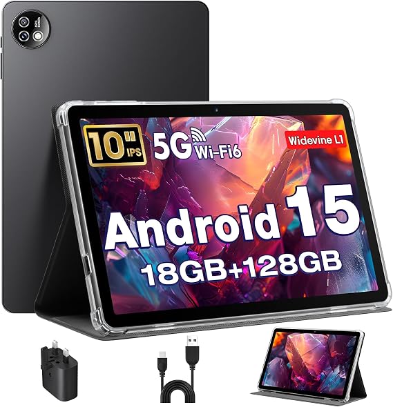 Tablet 10 Inch Android 15 Tablets with Case Unisoc T30 Quad-Core 18GB RAM + 128GB ROM + 1TB TF 1280x800 HD IPS Display 5MP + 8MP Dual Camera 6000mAh WiFi 6 BT 5.0 Widevine L1 (K30)