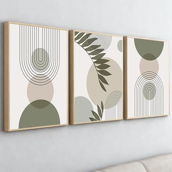 PWAAHDC Sage Green Framed Canvas Wall Art Set of 3 - Large Boho Abstract Prints for Hallway, Stairs, Bedroom, and Living Room Walls - 16"x24" (40x60cm)