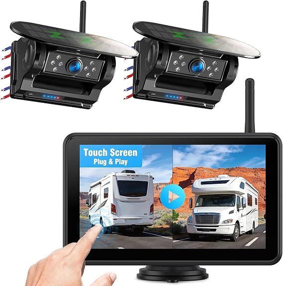 Solar Powered Wireless Reversing Camera Kit 7" 1080P Touchscreen Monitor, 1 Min DIY Installation & Support 4 Split Screen, IP69K Waterproof Reversing Camera for Car Van Truck Trailer