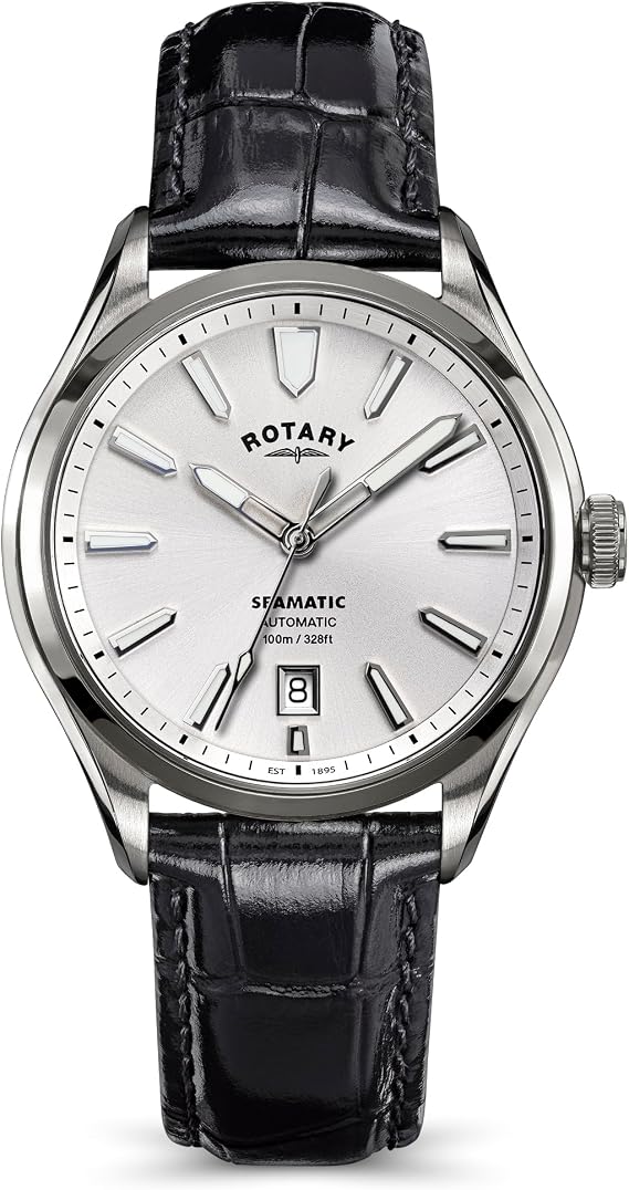 Rotary Men's Seamatic 100M Water Resistance Stainless Steel Black Croc Leather Strap Watch