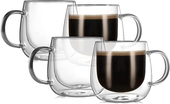 CNGLASS Insulated Double Wall Glass Coffee Mugs 350ml, Thermal Borosilicate Cups with Handle Set of 4