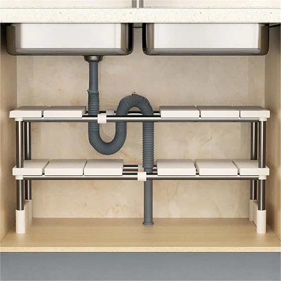 Expandable Stainless Steel Kitchen Shelf Unit - Multi-Layer Storage Rack for Under Sink & Countertop, Versatile nizer for Kitchen, Bathroom & More