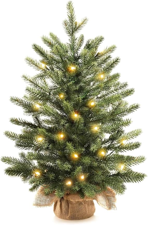 45cm Mini Christmas Tree, Pre Lit Artificial Tabletop Christmas Tree with Lights, Hessian Style Base Small C-hristmas T-ree, Perfect for Xmas Decorations, Home, Kitchen, Dining (GREEN)