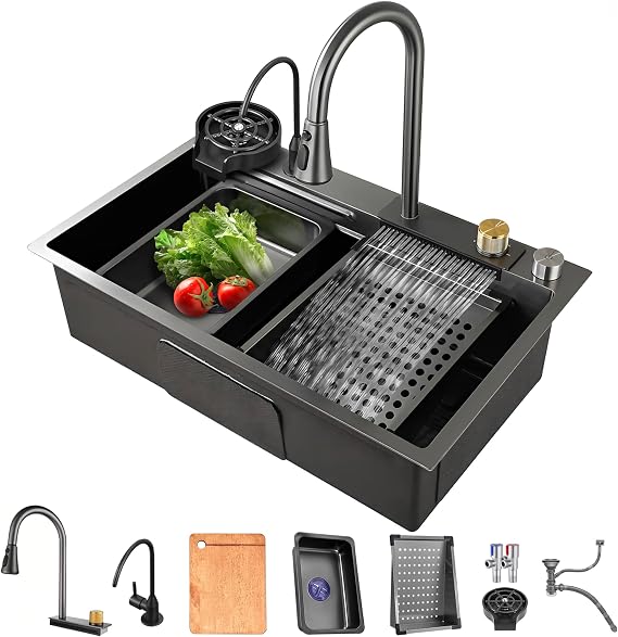 Waterfall Kitchen Sink Gunmetal Grey 304 Stainless Steel Workstation Sink with Pull Out Mixer Tap Large Single Bowl Sink for Kitchen with Multiple Accessories (80 x 45 cm)