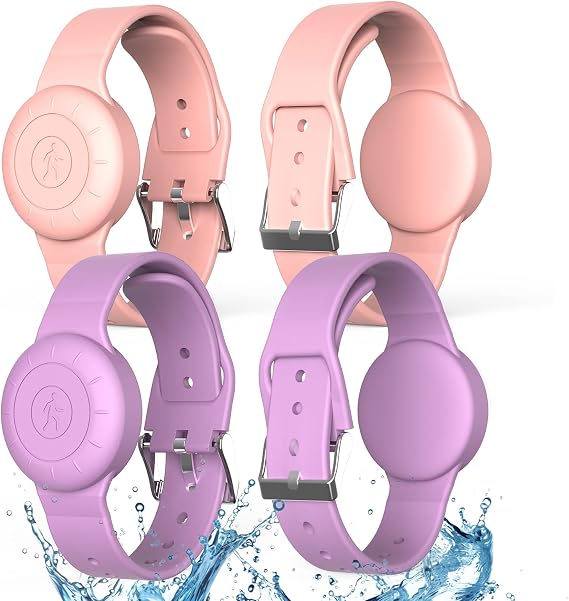子供用防水Airtagブレスレット4個パック - ソフトシリコンエアタグリストバンド キッズフルケースカバー Apple Airtag対応 軽量GPSトラッカーホルダー 子供用 ピンク2個+パープル2個