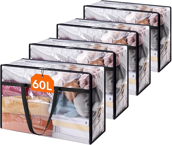 Lifewit 4 Pack Clear Storage Bags, 60L Plastic Clothes Storage Bags