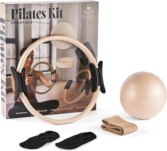 Myga Pilates Ring Set – Pilates Kit with Magic Circle, Anti-Burst Ball, Fabric Resistance Band & Non-Slip Grip Socks – Lightweight & Durable for Strength Training, Toning & Flexibility