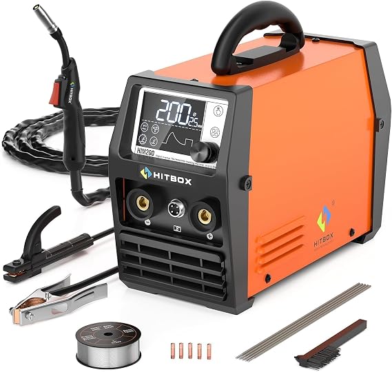 HITBOX 200A Portable MIG Welder 240V, Gasless 4-in-1 Digital Upgraded MIG/Flux Core/ARC/Lift TIG/Spool Gun Inverter Welding Machine with Ultra LED Display (HIM200)