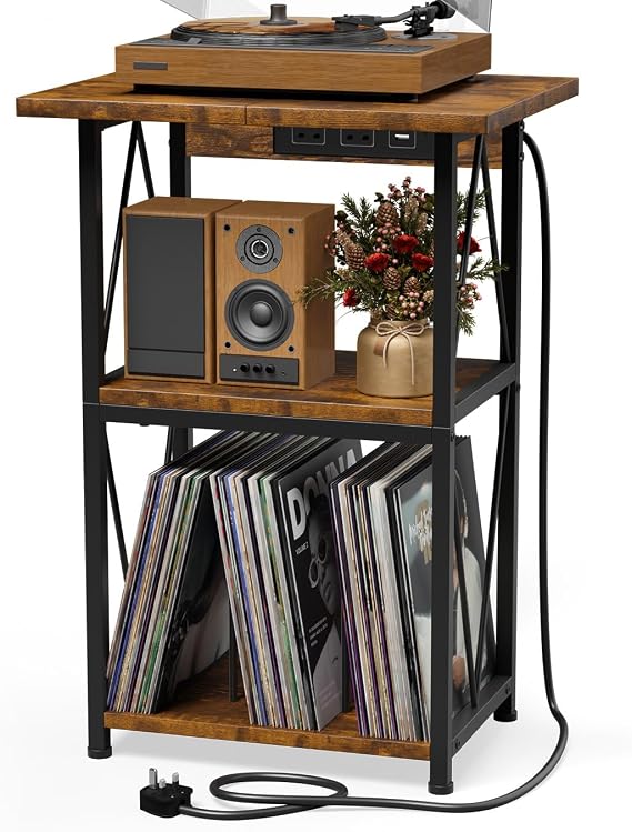 HFHOME 2025 Upgraded Extended Tabletop Record Player Stand with Charging Station, 3 Tier End Table with Vinyl Record Storage, Turntable Stand for Vinyl Player in Living Room Bedroom