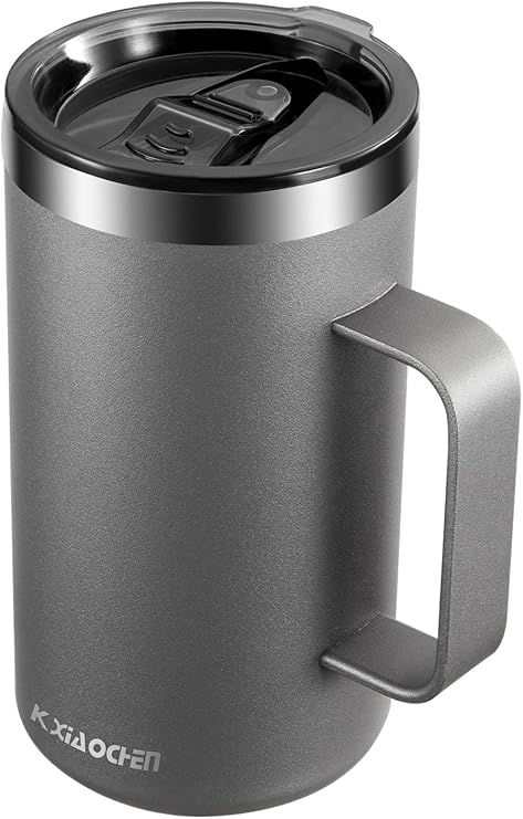 KXIAOCHEN 20oz Insulated Coffee Mug with Lid, Stainless Steel Coffee Mug, Double Wall Vacuum Coffee Mug with Handle, Premium Thermal Travel Coffee Mug (Silver Grey)