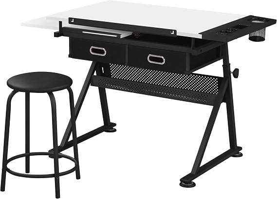 costoffs Craft Table Tilt Top Double Drawers Height Adjustable Stool White