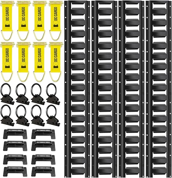 E-Track Tie-Down KIT! 4 Powder-Coated 8' Horizontal E Track Rails, 8 End Caps, 8 Rope Tie-Offs, 8 O Rings | Trailer Accessories, Cargo Securement