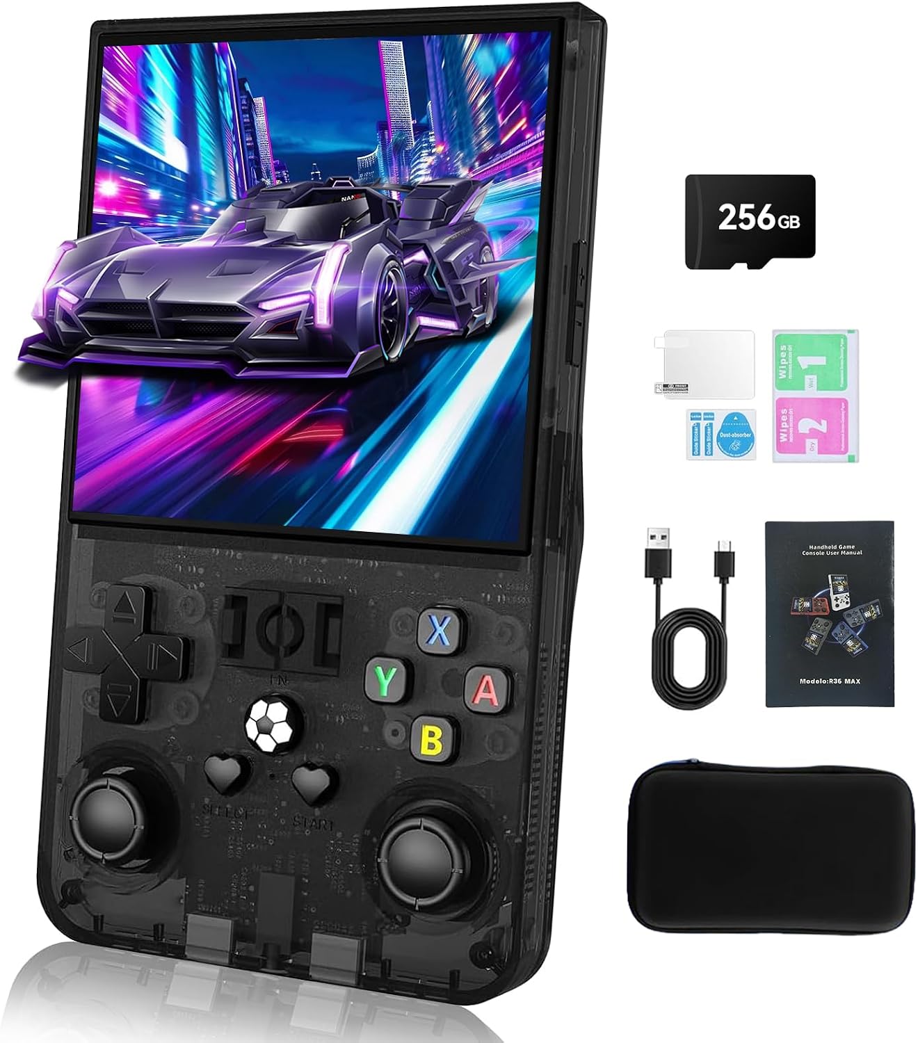 GWALSNTH R36 MAX Handheld Game Console,Mini Retro Game Console with 256GB TF Card, 40000+ Classic Games, 4.0" IPS HD Screen 4000mAh Rechargeable Portable Video Console（Transparent Black）