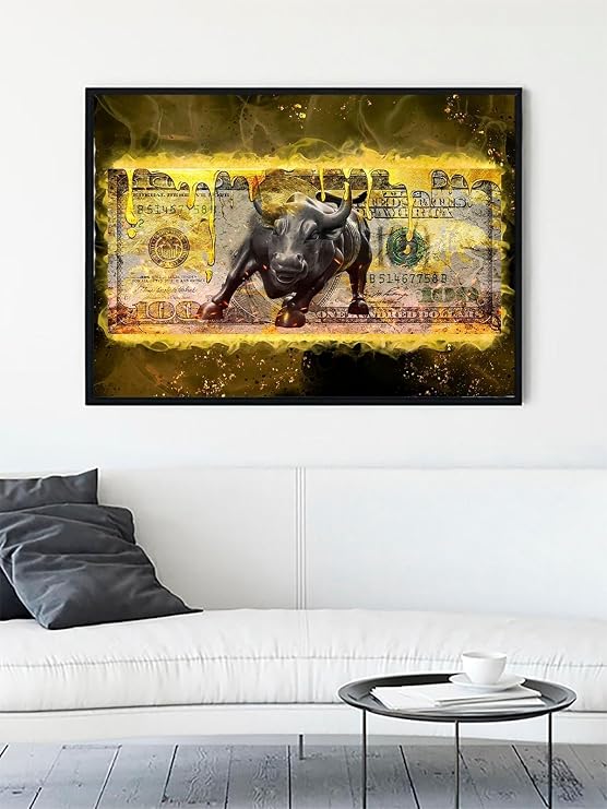 Postermanya Yükselen Boğa, Para, Servet, Dolar Motivasyon Çerçeveli Tablo, Çerçeveli Poster, Ofis, Çalışma Odası