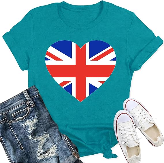 Women's Union Jack T Shirt British Flag Themed Shirts Heart Print Tee Tops