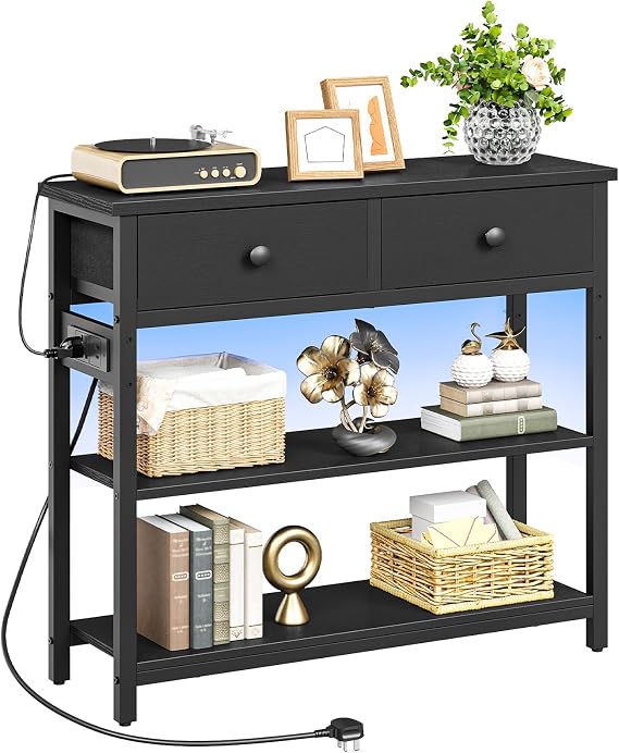 HOOBRO Console Table with Charging Station, 2 Drawers and LED Light, Narrow Hallway Table, Sofa Side Table, Display Stand, Slim Console Table for Hallway, Living Room, Black EBB91KDXG01