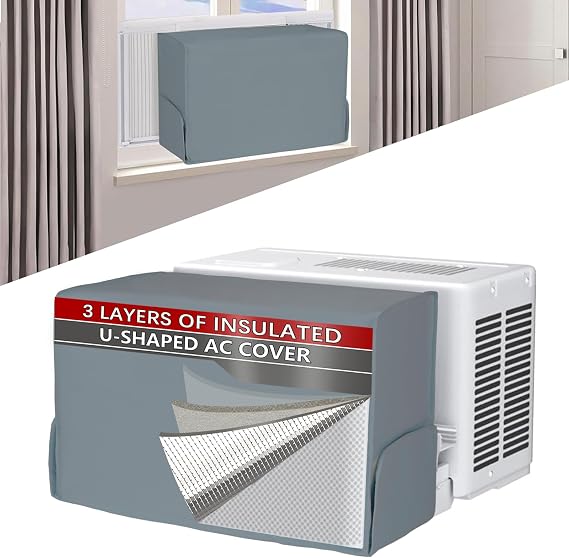 Midea U字型ウィンドウエアコン8000/10000/120000 BTU用室内エアコンカバー、Midea用アルミホイルACカバー付き3層断熱、ウィンドウエアコンカバー内側、グレー