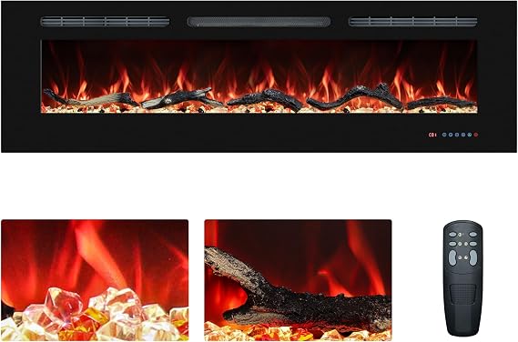 152cm Electric Fireplace Inserts, Recessed and Wall Mounted Fireplace Heater, Linear Fireplace/Thermostat, Remote & Touch Screen, Multicolor Flame, Timer, Log & Crystal, 750W/1500W
