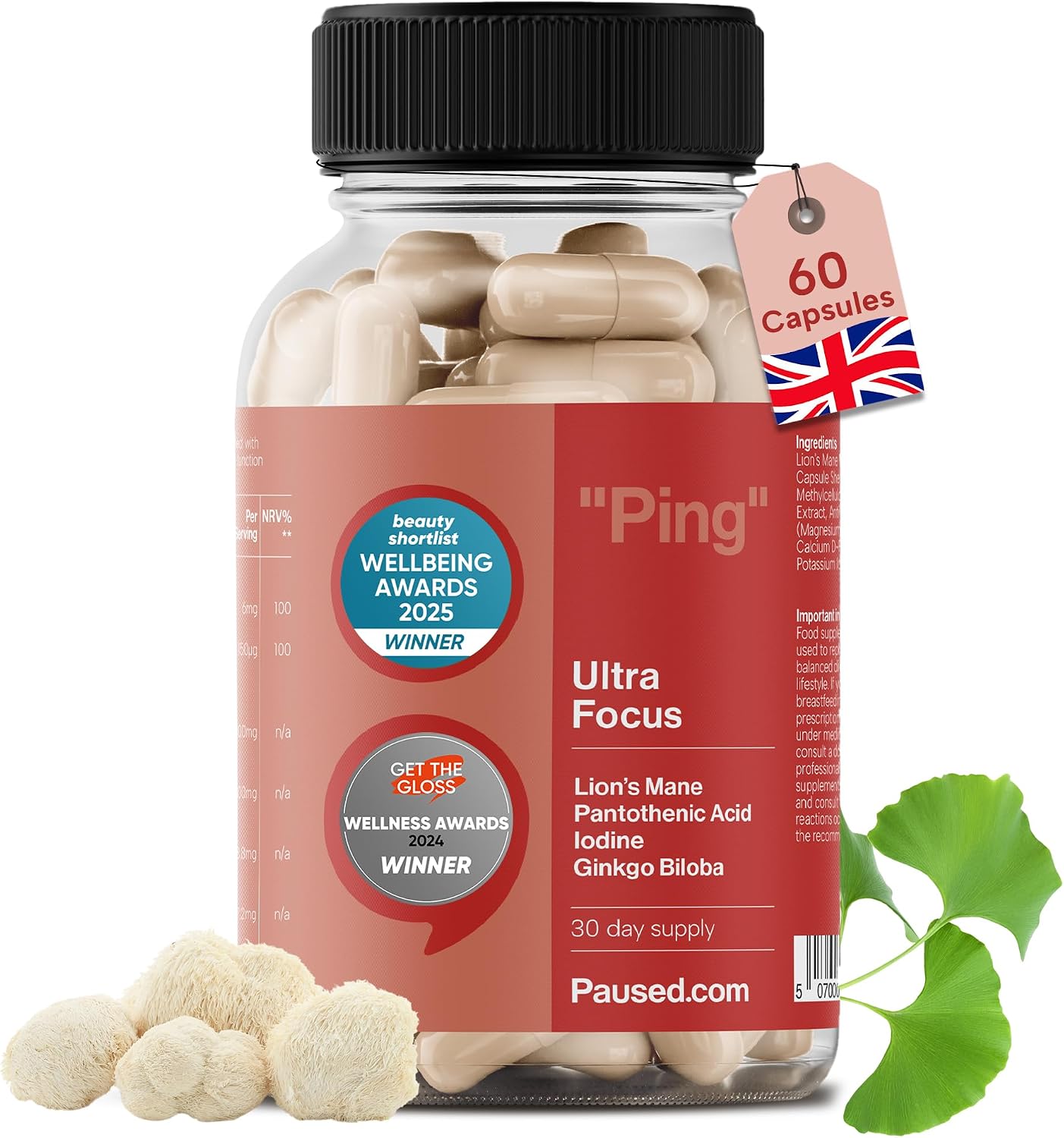 Paused Ultra Focus, Mind & Memory Supplement - 60 Capsules | 1 Month Supply Cognitive Enhancer with Lion's Mane & Iodine | Boosts Energy, Improves Mood & Mental Performance | Vegan & Gluten-Free | UK