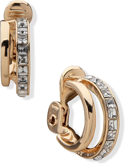 ANNE KLEIN Women's Gold Tone EZ Comfort Clip Hoop Earring featuring crystal accents
