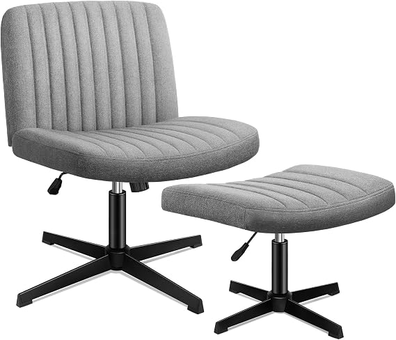 ELFORDSON Cross Legged Office Chair with Footstool, Wide Seat Armless Desk Chairs No Castors, Criss Cross Chair Mid-back Chair for Home Office Lounge, Height Adjustable 360° Rotatable, Linen, Grey