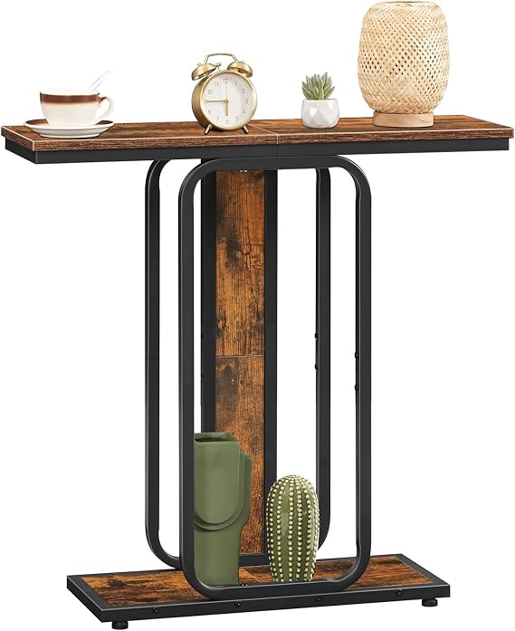 HOOBRO Console Table for Hallway Slim, Narrow Hallway Table, 2-Tier Industrial Sofa Table with Geometric-Styled Structure, for Living Room, Bedroom, Entryway, Foyer, Rustic Brown and Black EBF68XG01