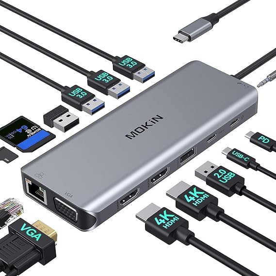 MOKiN USB C Docking Station Dual Monitor for Windows Laptops, 2 HDMI VGA