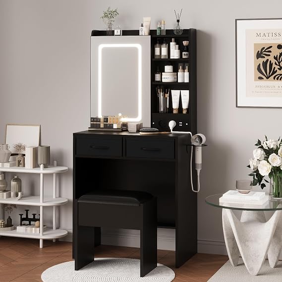 Aptliton LED Dressing Table with Mirror & Lights, Charging Station, Stool