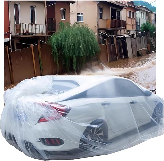 Car Cover Plastic Car Cover Waterproof All Weather, 13.1×22.9ft Fully Enclosed Sealed Car Flood Cover for Automobiles Sedan Hatch SUV Rain Sun Protection