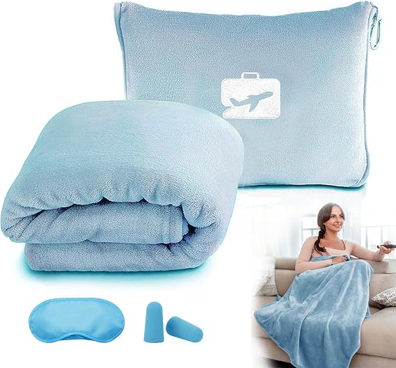 Travel Blanket and Pillow with Eye Mask and Ear Plugs(Blue)